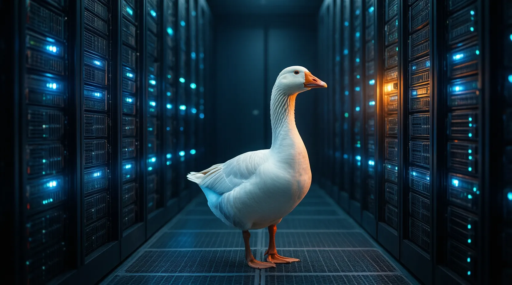 A single white goose standing calmly in a dark data-centre aisle between two long rows of server racks, blue status lights on the racks and one warm amber light falling on the goose