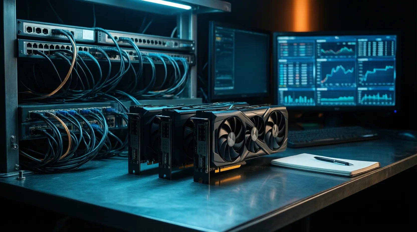 The lab this blog is written from: an open workstation with four GPUs on a test bench, network switches and patch cabling to the left, live monitoring dashboards to the right, and a paper notebook on the desk